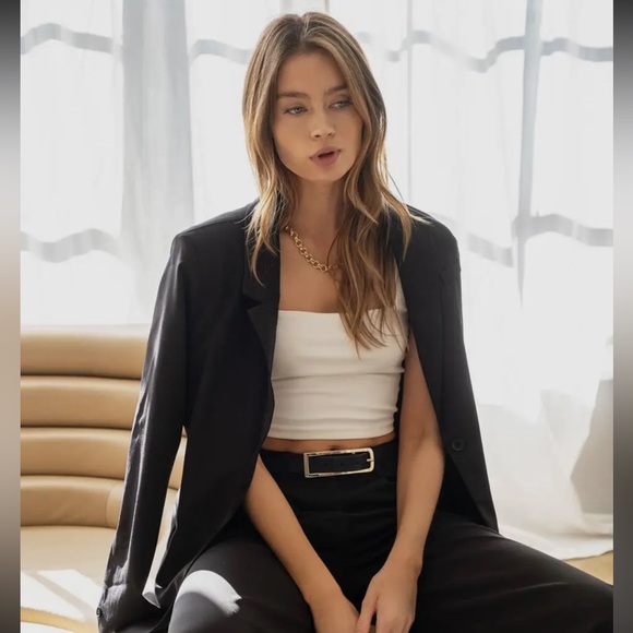 114. Black Blazer Jacket Coat Double Breasted Long Sleeve Pockets - Picture 3 of 4